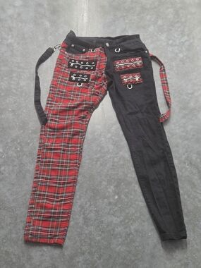 Hot Topic Denim Double Plaid Black Red Punk Rock Suspender Jeans 29x28